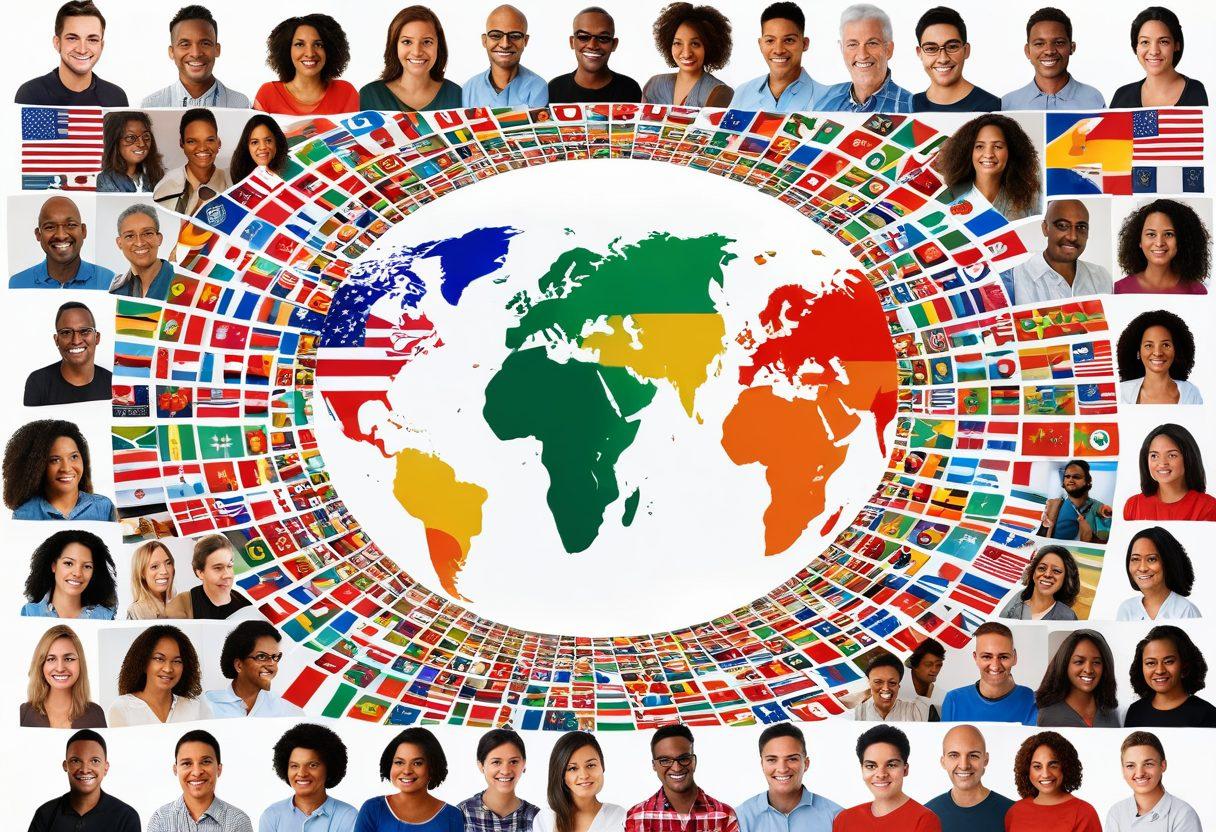 A dynamic collage depicting diverse individuals sharing their stories through blogging, symbols of national flags woven into the background, a glowing globe representing connectivity, and positive expressions conveying unity and pride. The scene radiates with energy and warmth, suggesting a vibrant community. super-realistic. vibrant colors. white background.