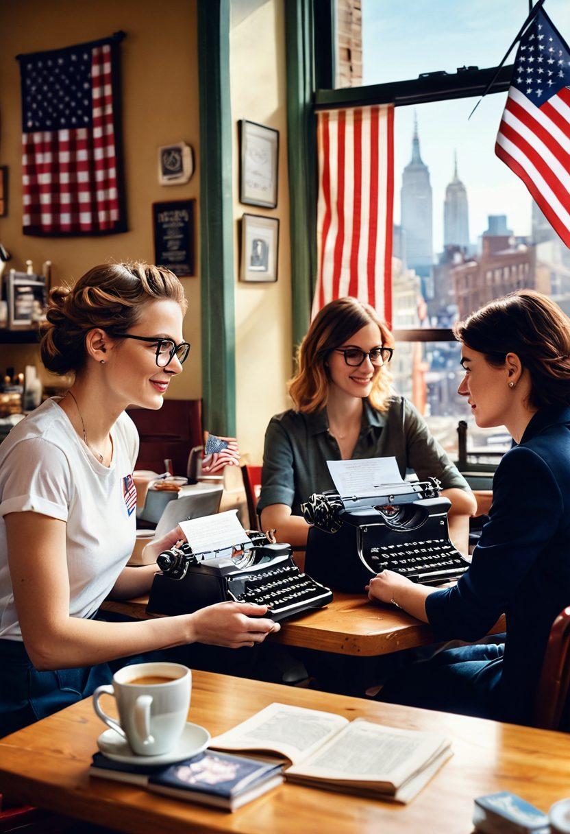 A dynamic scene depicting a diverse group of bloggers passionately discussing in a cozy coffee shop adorned with American flags and patriotic symbols. Include a vintage typewriter, open laptops, and steaming mugs, symbolizing the blend of tradition and modernity. The background showcases a sunny skyline with iconic American landmarks. super-realistic. vibrant colors. warm ambiance.