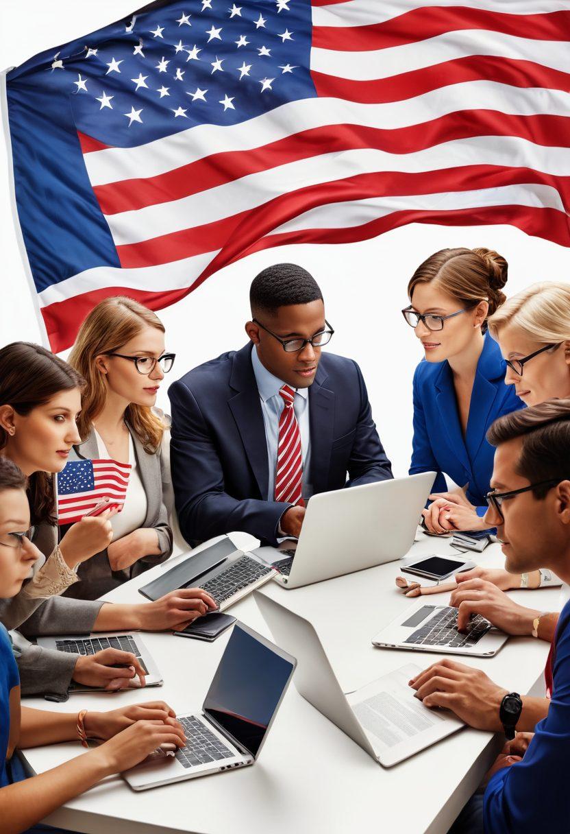 A diverse group of people engaged in a lively discussion around laptops and tablets, symbolizing civic engagement through blogging. Iconic American symbols like the flag and the Constitution subtly integrated into the background, representing American values. The scene is vibrant and dynamic, with a digital cityscape hinting at the modern age of technology. super-realistic. vibrant colors. white background.